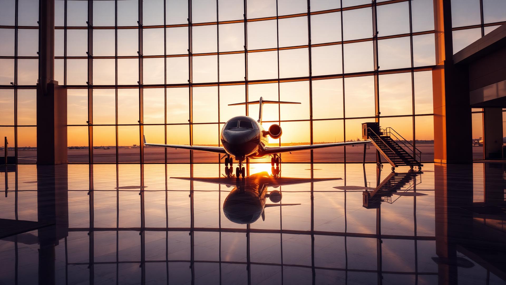 Executive vehicle waiting outside an airport terminal at golden hour
